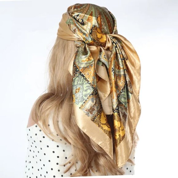 2/$30 Brown Bronze Paisley Floral Silk Scarf Satin Bandana Head Neck Tie Bag - Picture 1 of 4